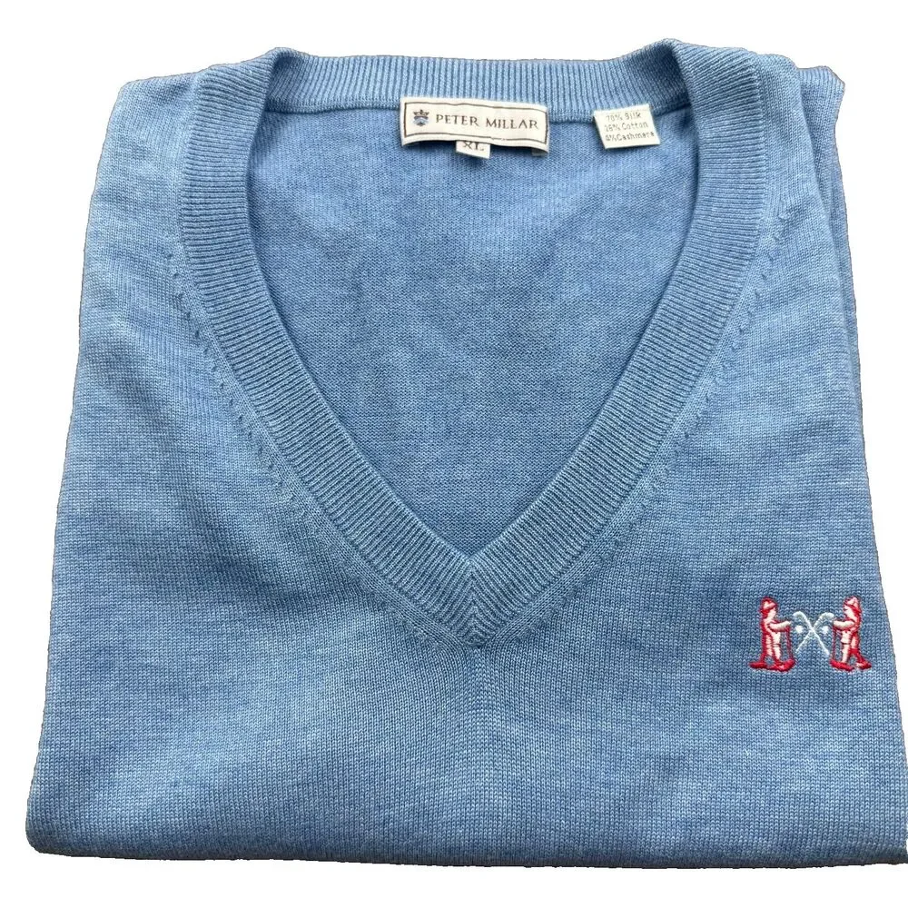 Peter Millar Sweater Vest Silk/Cotton/Cashmere V-Neck Men's Xl Blue NGLA Logo